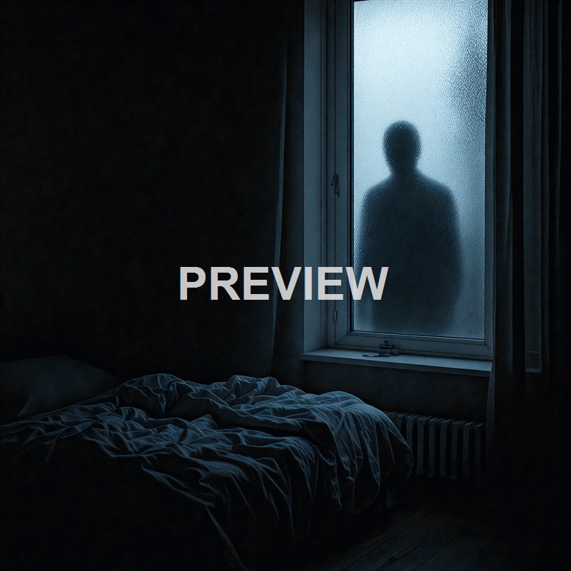 A silhouette of a person standing outside a frosted window in a dimly lit room with an unmade bed.